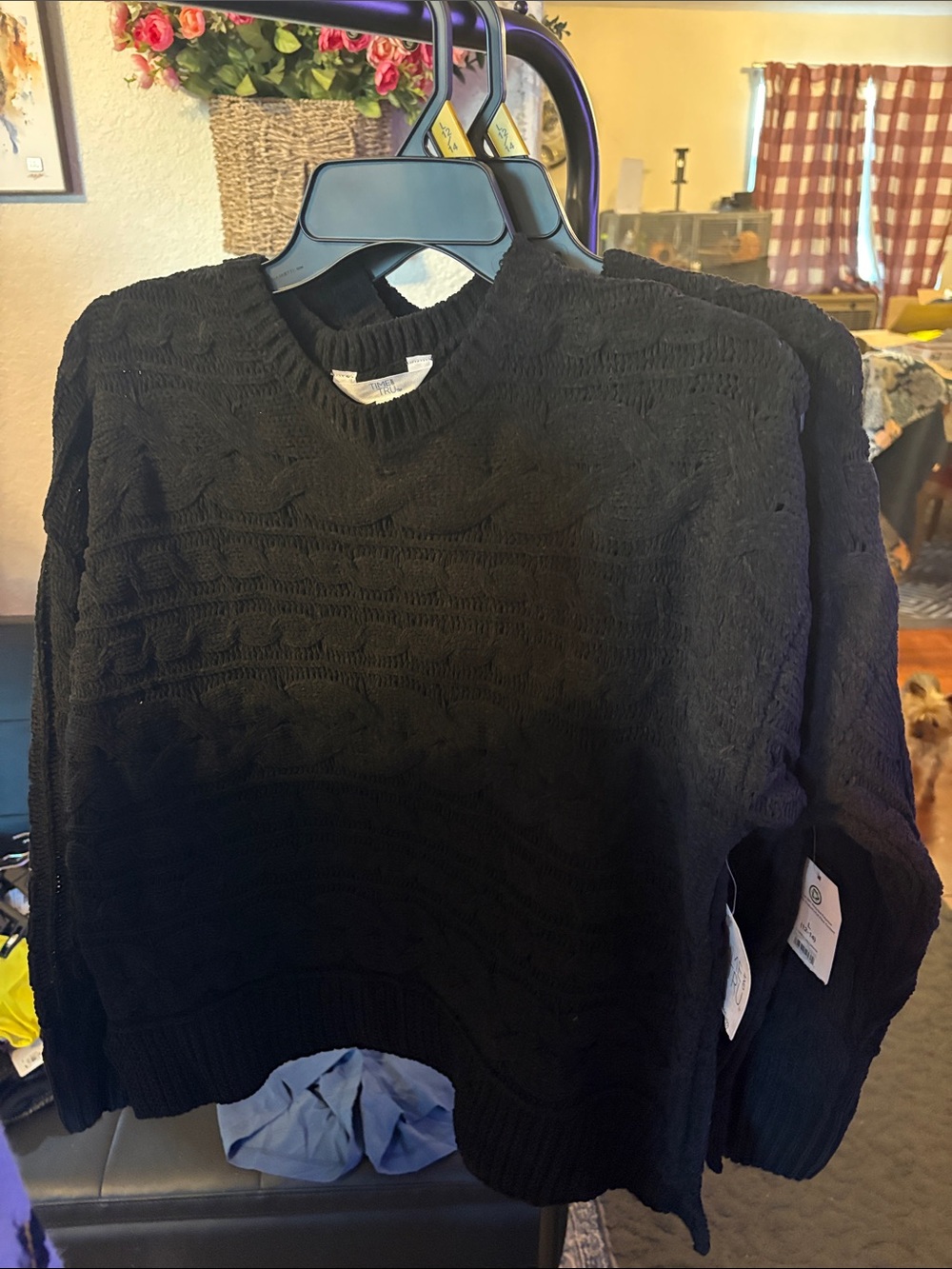 Time and Tru Black Cable-Knit Crewneck Sweater - Men